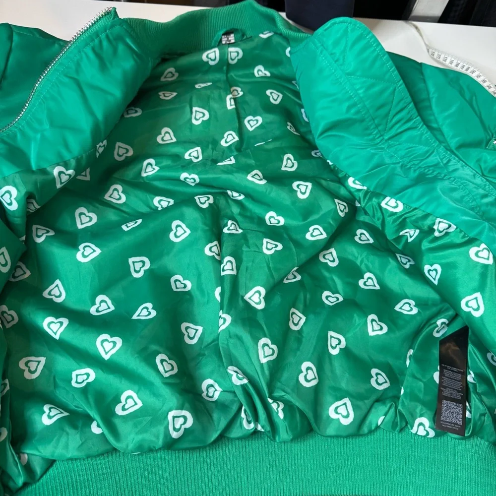 Miss Selfridge ruched sleeve bomber jacket bright green silver zipper size 4 - Picture 11 of 14